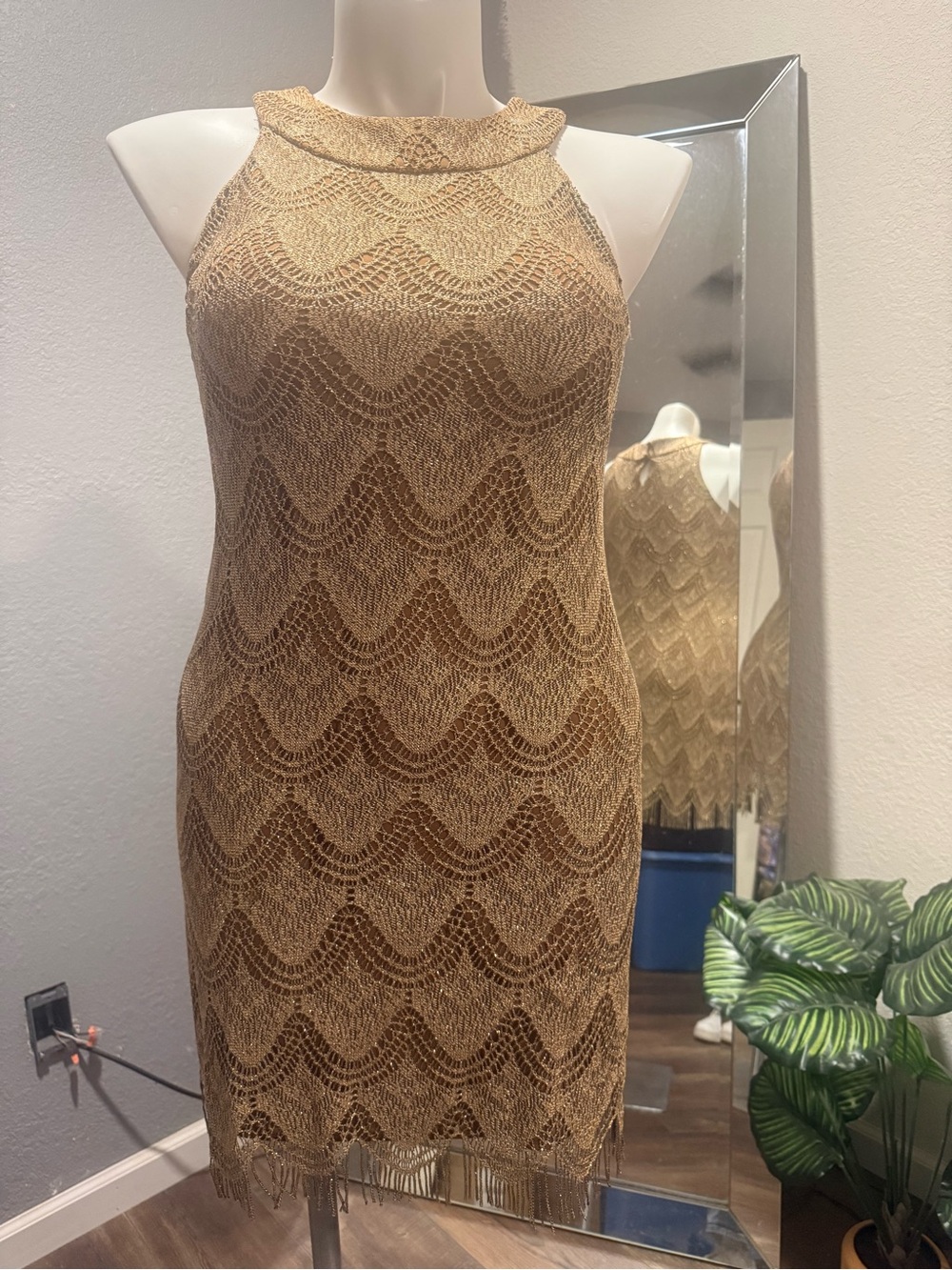 S.L. Fashions Tan Crochet Halter Mini Dress